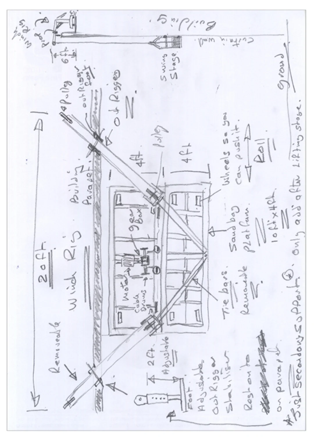 Hand-drawn sketch diagram of the winch rig of Yellow Peril