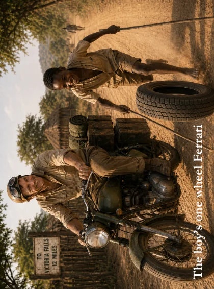 A boy rolling a tyre down a dusty road beside a motorcycle