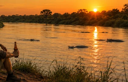 Miner with a beer in hand looking out over a river with hippos at sunset